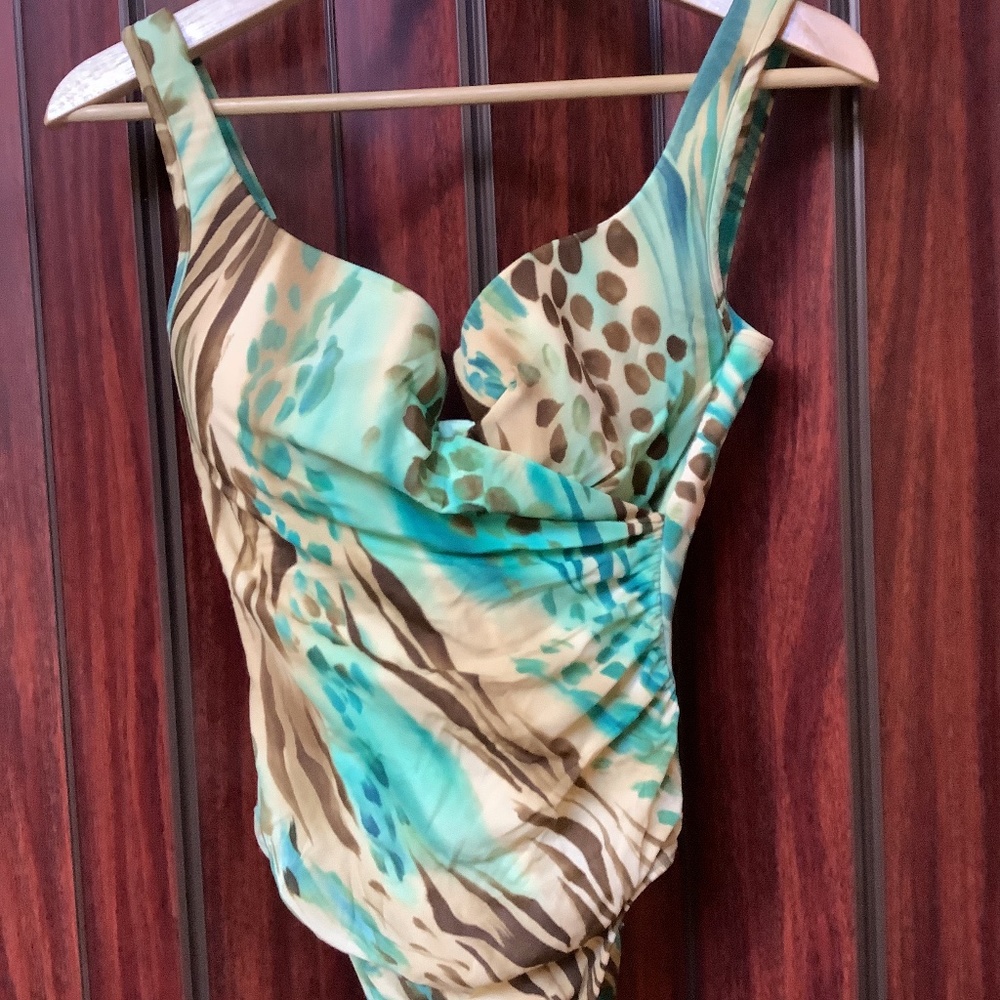 Turquoise & taupe one-piece swimsuit